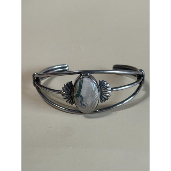 Vintage GFMW Sterling Silver Green Lace Jasper Cuff Bracelet 6 1/4' - Picture 2 of 11